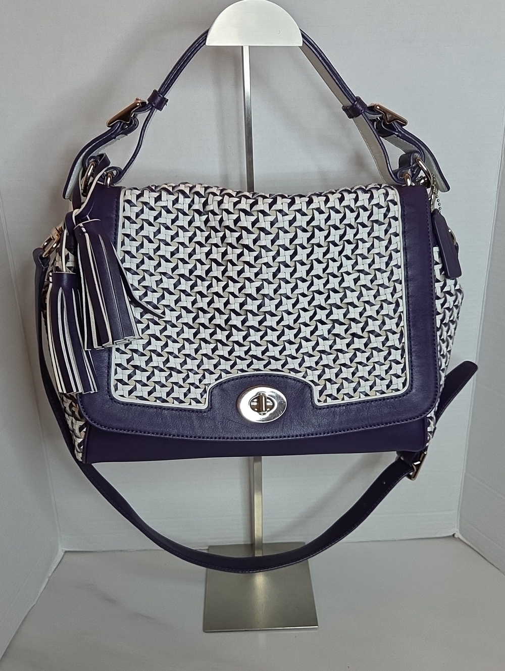 Coach Navy and White Woven Flap Shoulder Bag with Tassel
